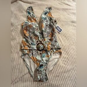 NWT Soft Blue and Orange Plunging One-Piece Swimsuit